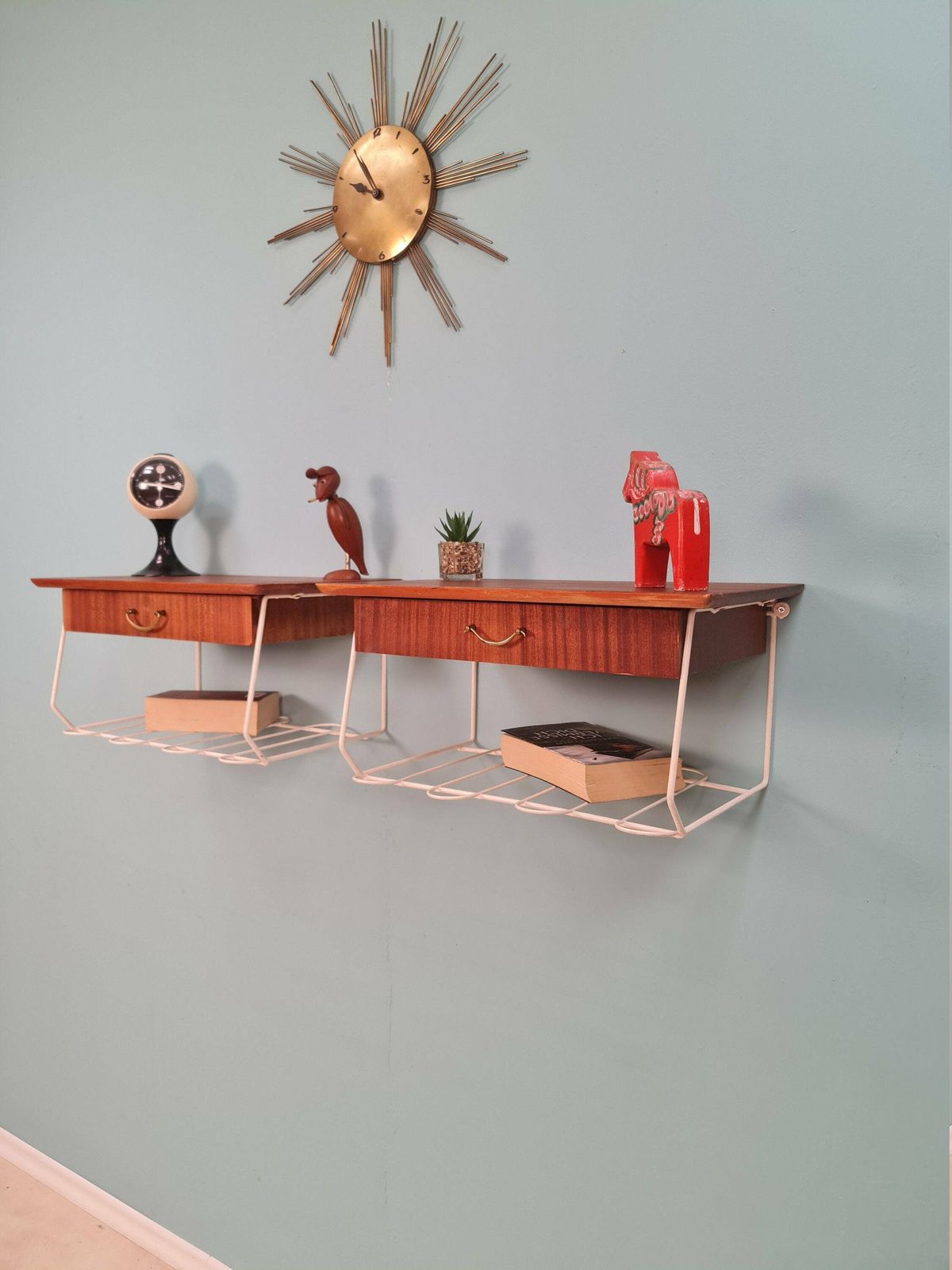 Pair Scandinavian String Mahogany Hanging Telephone Table/ Shelf/ Bedside Table/ Nightstand From The 60s photo furniture
