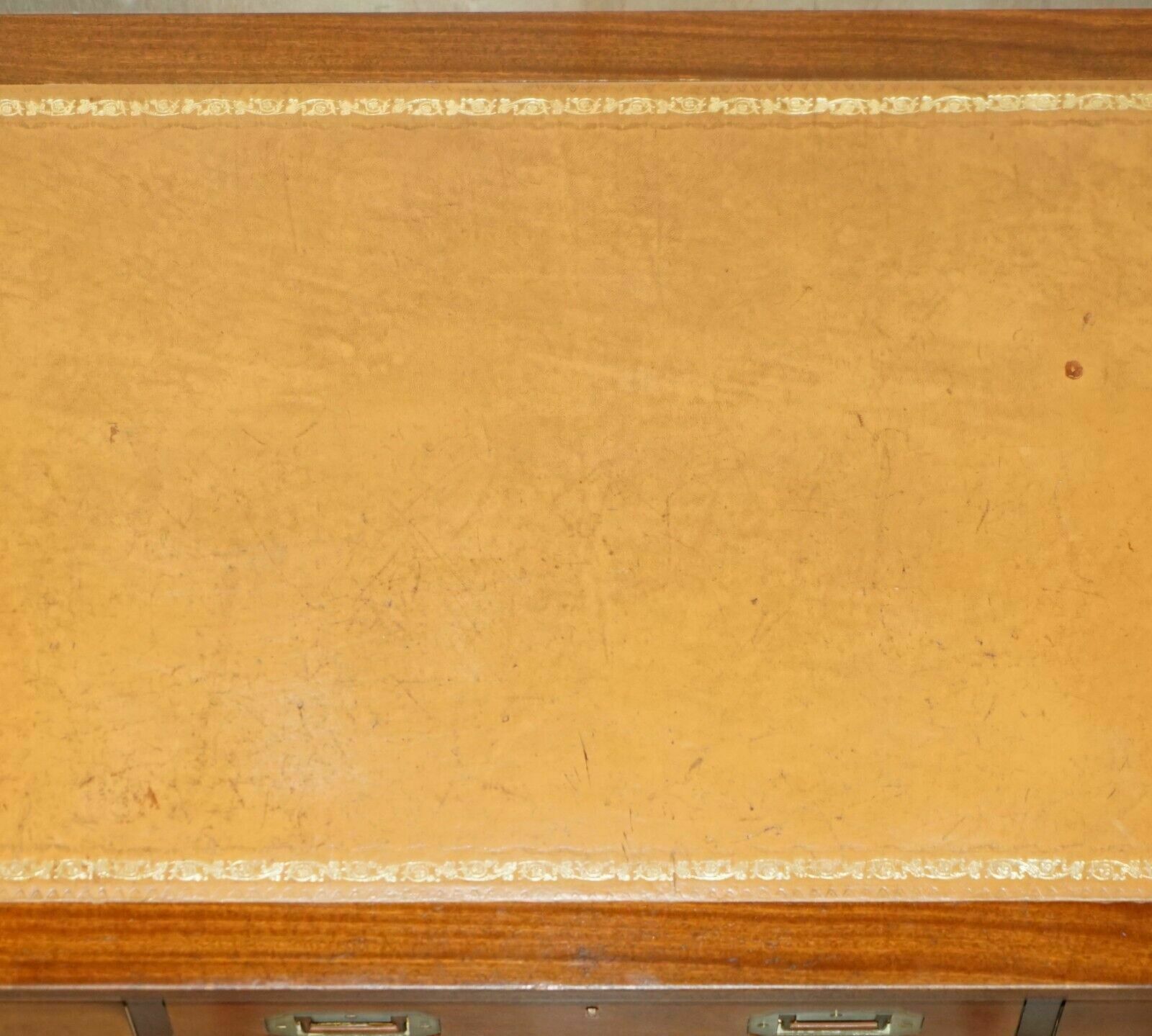 2350.0 Vintage Restored Harrods Kennedy Brown Leather Military Campaign Pedestal Desk photo