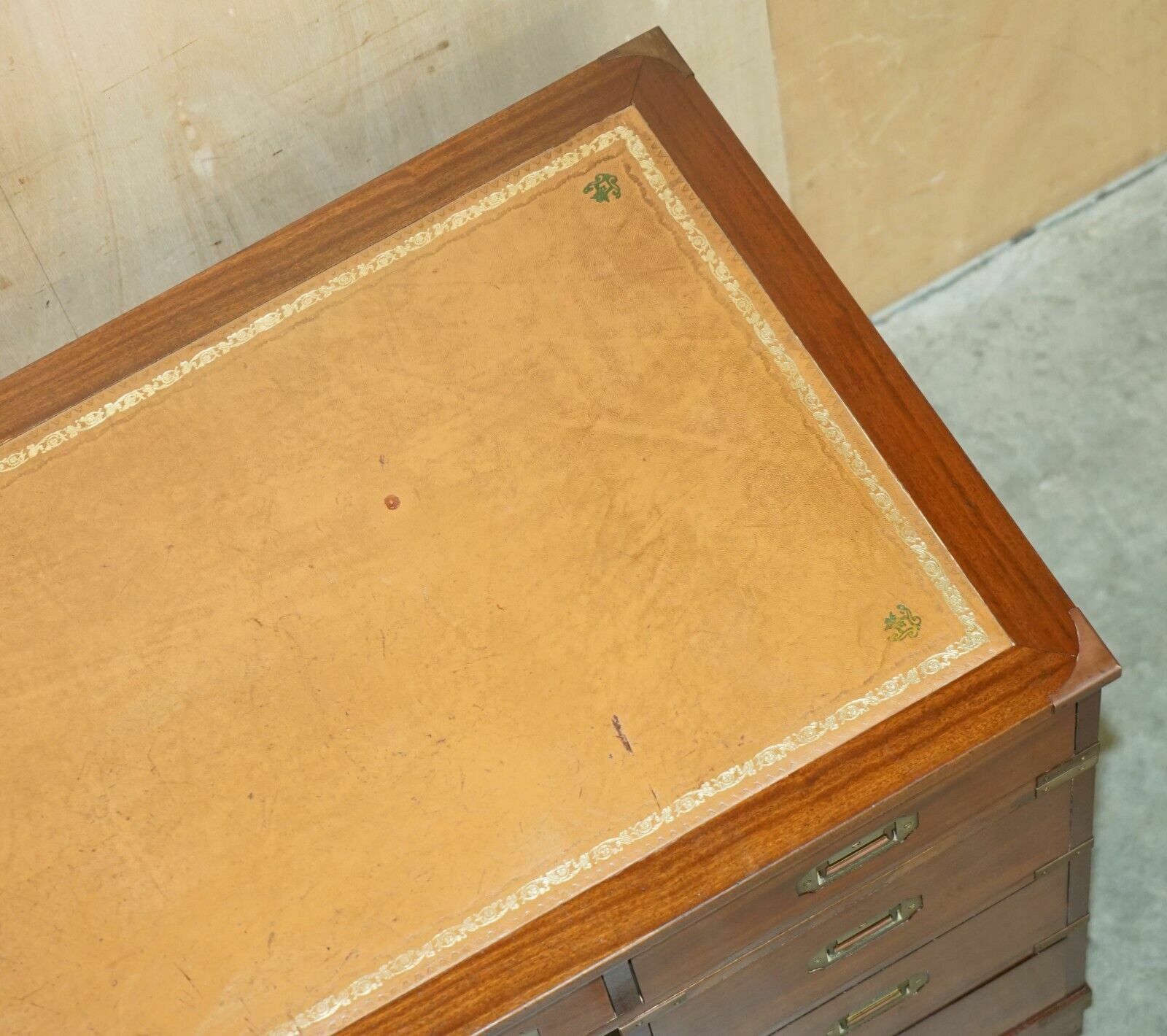photo vinterior Vintage Restored Harrods Kennedy Brown Leather Military Campaign Pedestal Desk