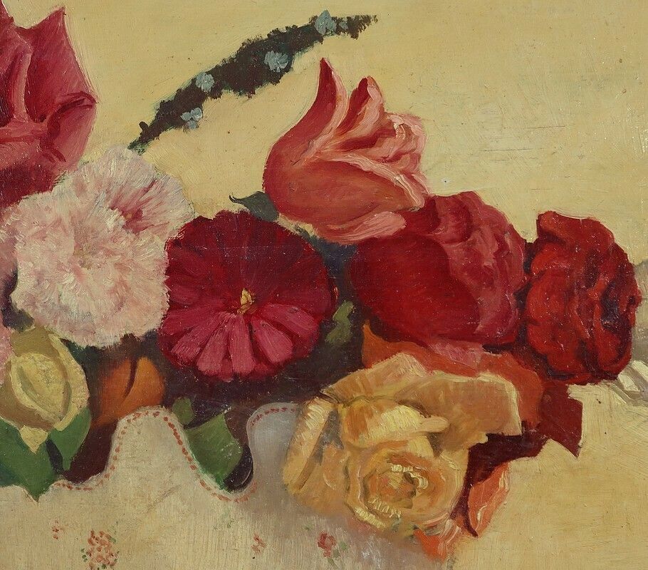 Large Painting "Still Life With A Bouquet Of Flowers" Signed Obligi, Early 20th Century photo vintage