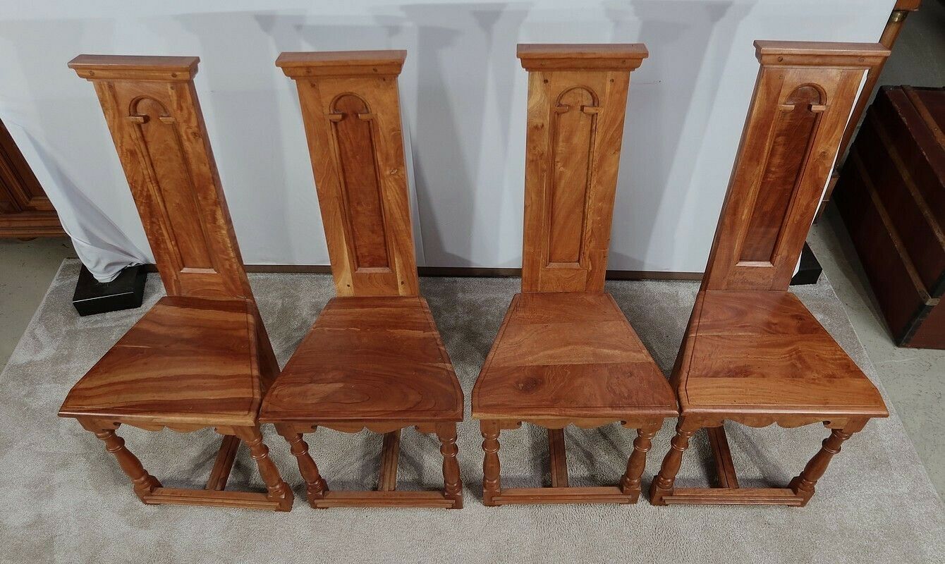 Suite Of 4 Chairs In Solid Mahogany, Cathedral Taste   Xxth photo vintage