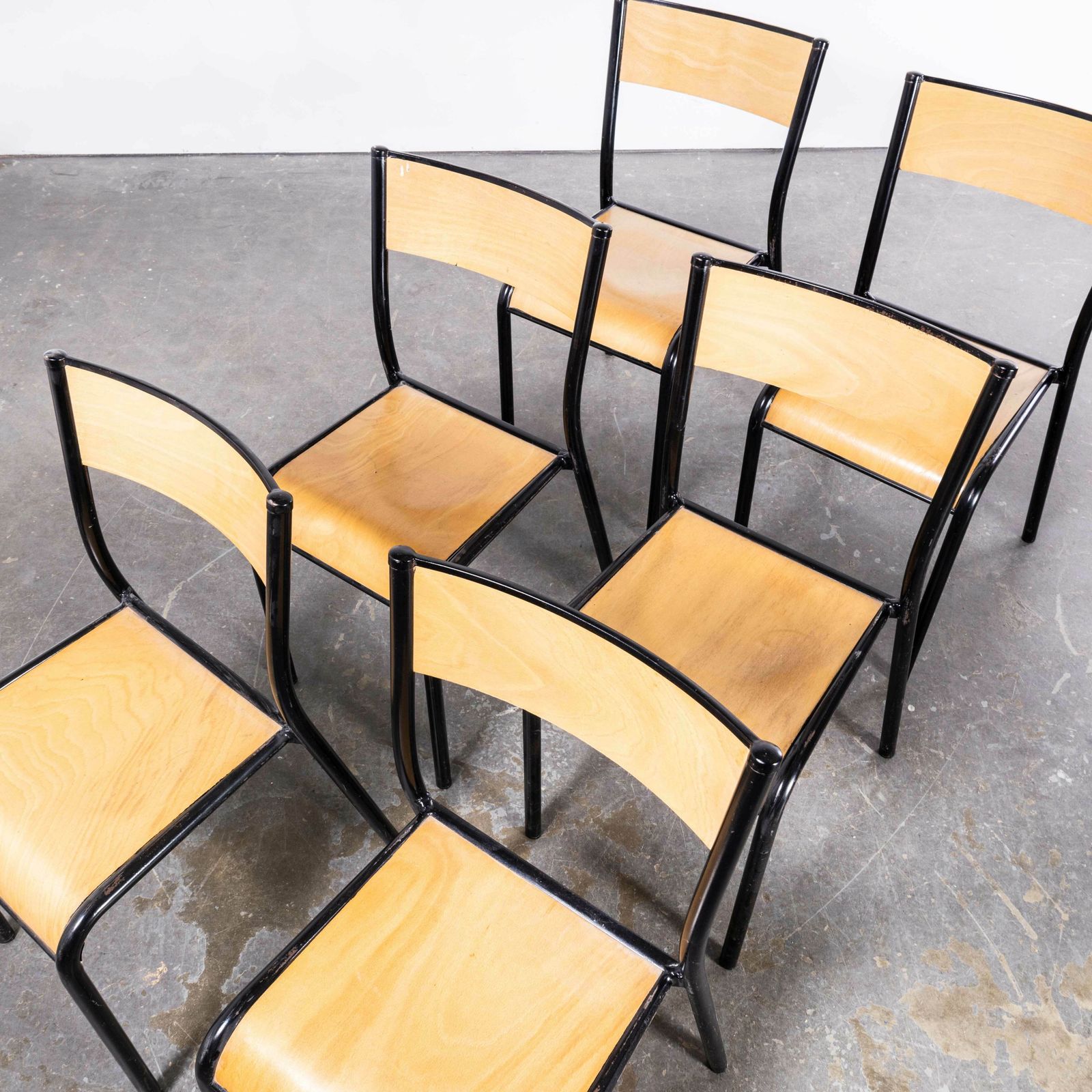 1950’s French Mullca Stacking School – Dining Chairs – Black Model 510 – Set Of Six photo furniture