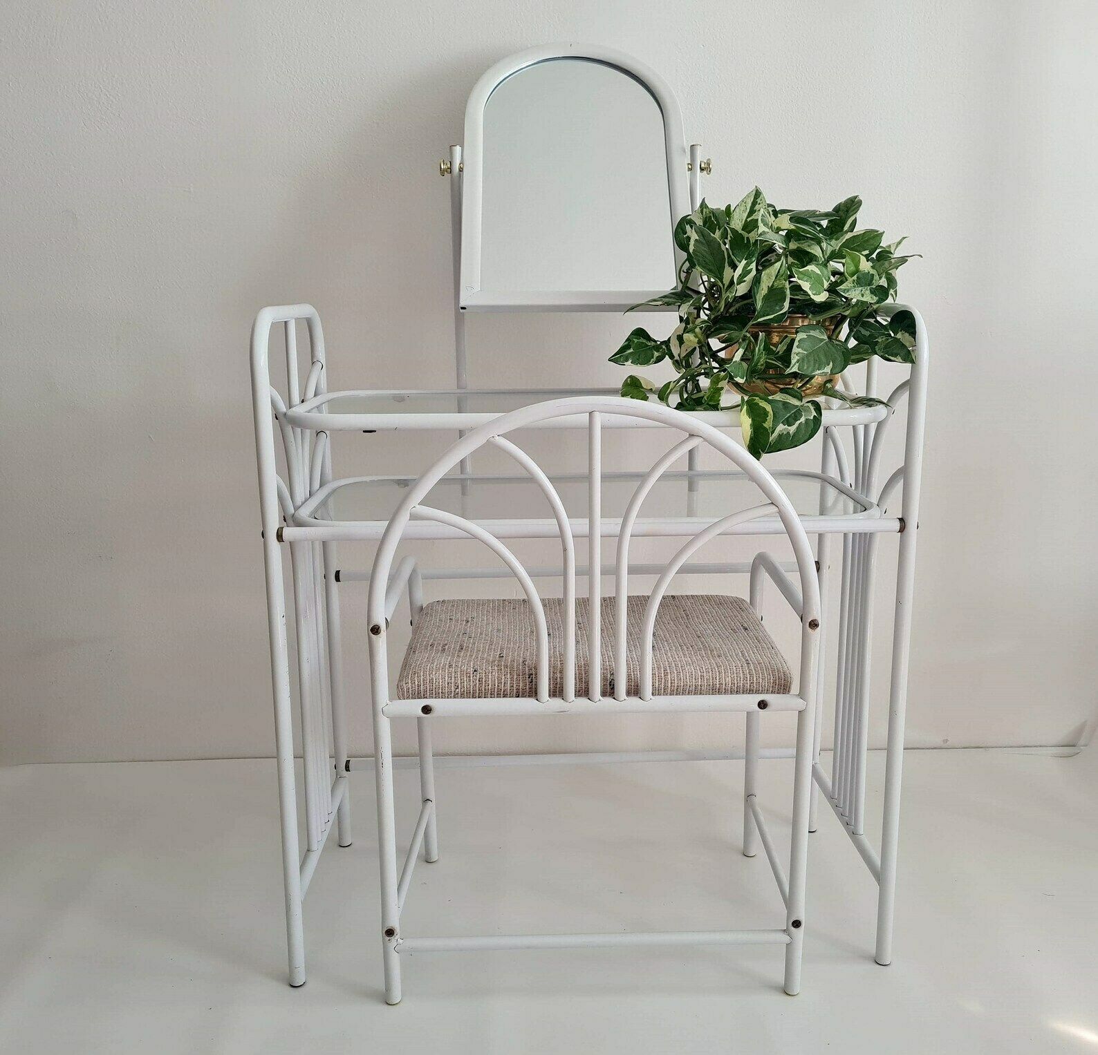Vintage Mid Century Dressing Metal And Glass Table With Mirror And Stool 80s photo furniture