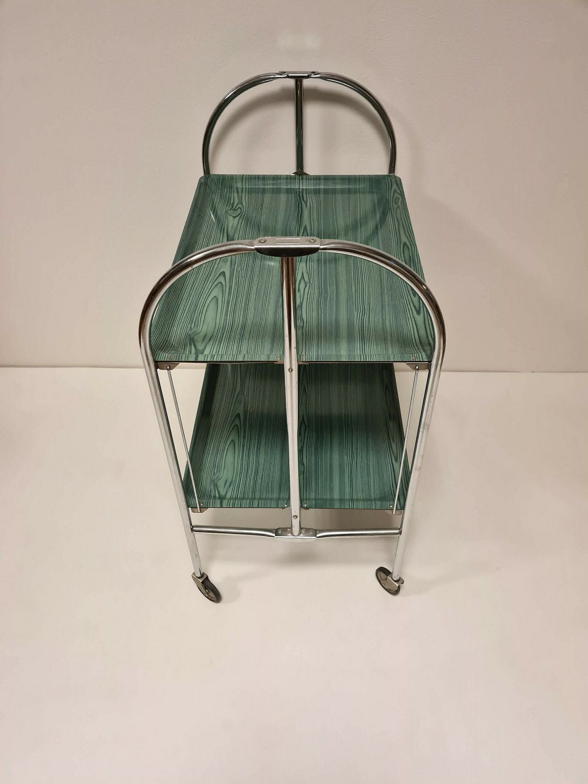 Vintage Trolley In Chrome With Green Trays. Made In Germany 70s photo Furniture