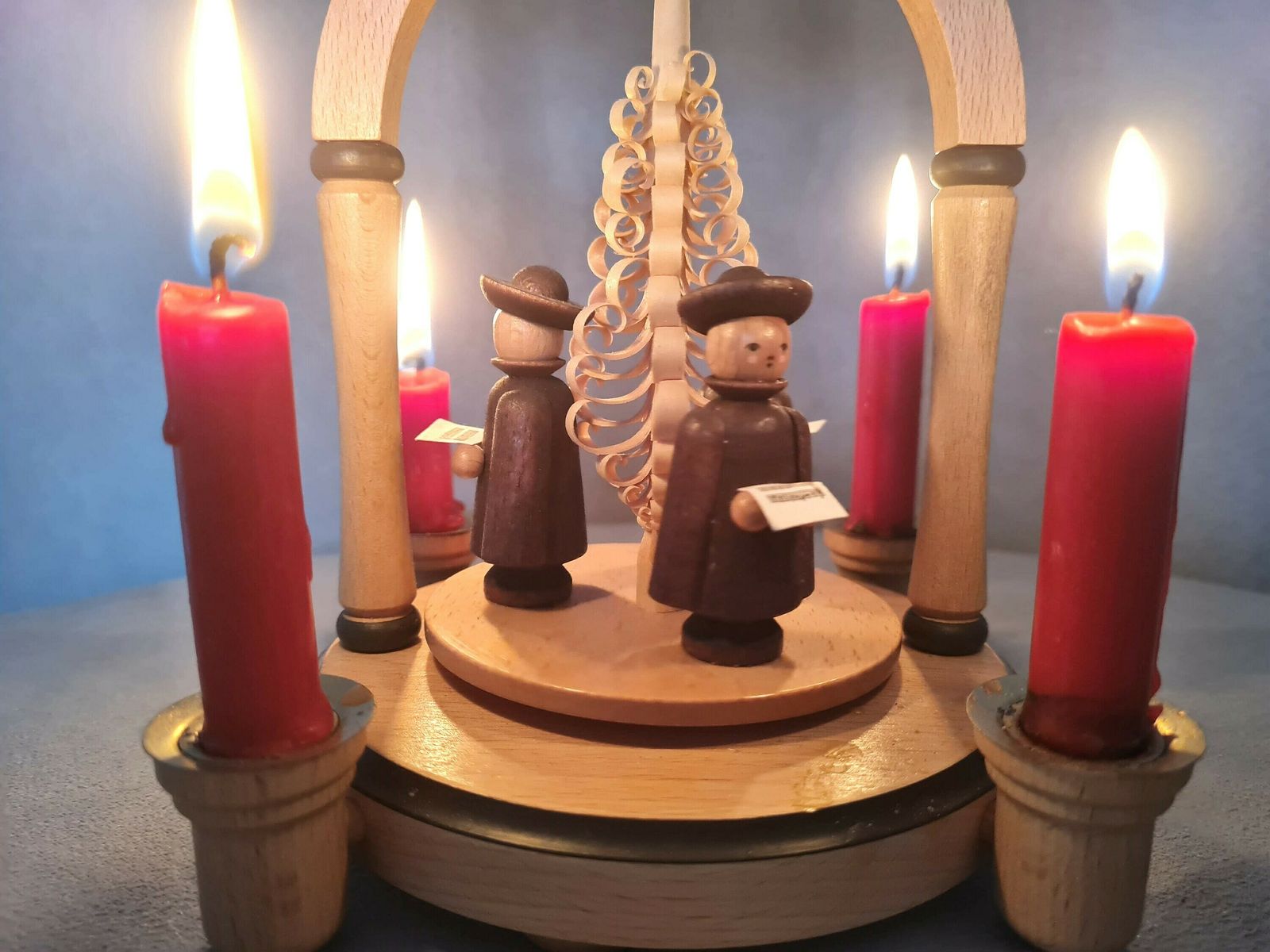 Vintage German Pyramid With Wooden Figurines And 4 Candles Handmade Design photo for sale
