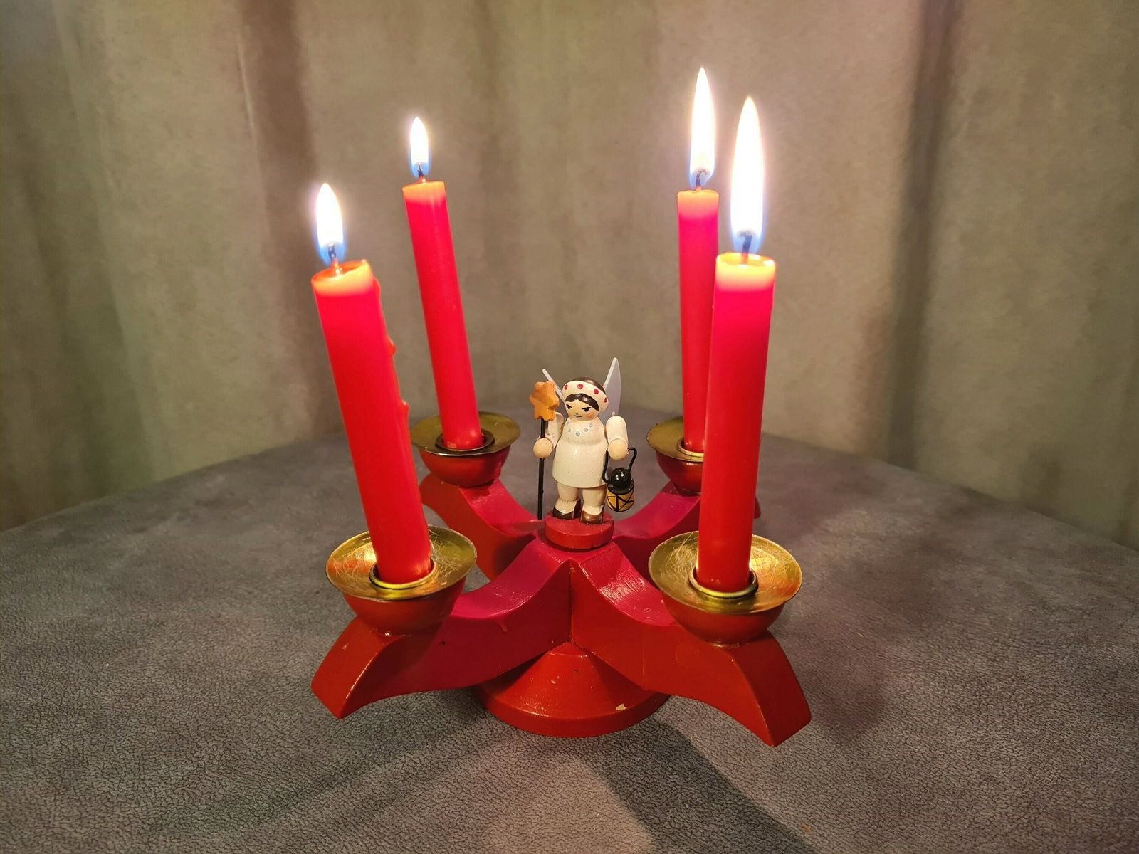 Vintage Erzgebirge German Candlestick Christmas Angel Wooden Hand Painted Candle Holders photo vinterior