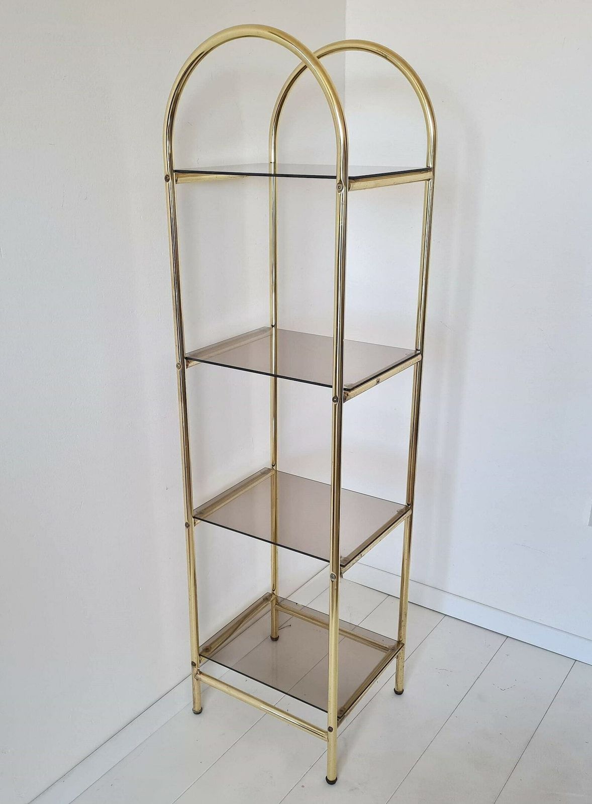 Vintage Hollywood Regency Shelving Rack With Smoky Glass 80s