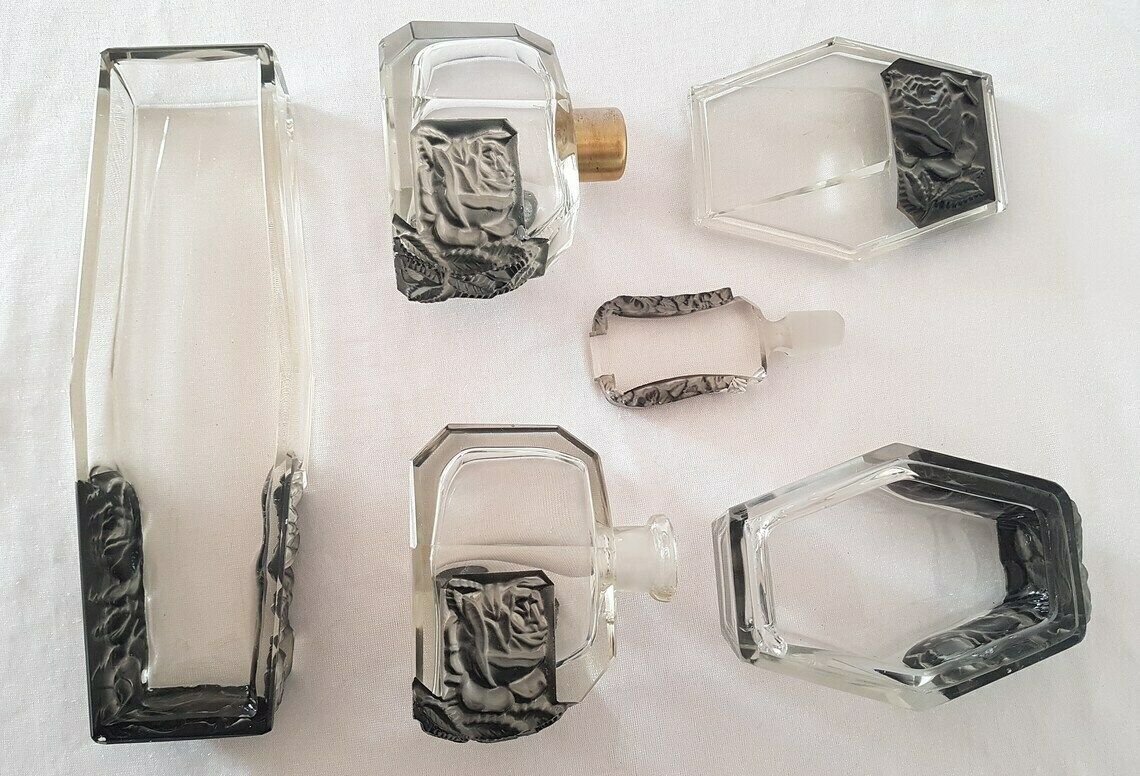Collectible Bohemian Czech Art Deco Robert Richter Glass Vanity Set 4 Pieces Jablonec Nad Nissou (Gablonz) Ca. 1930 photo Home Decor