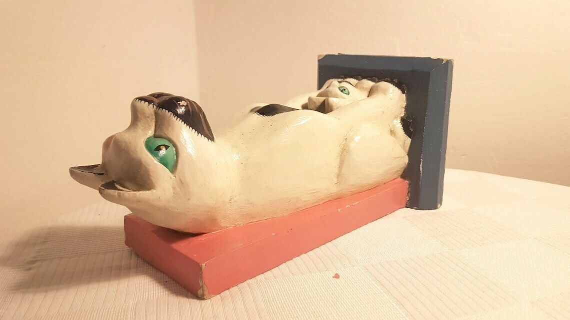 Vintage Bookends Stand Hand Carved Wood Painting Naive сat With Kitten Book Stand photo vinterior
