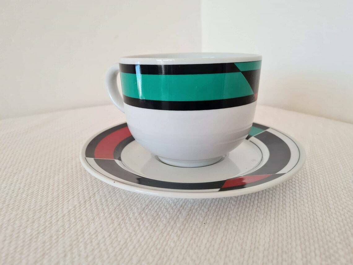 Vintage Memphis Milano Style Porcelain Set Of Big Cup And Saucer 80s