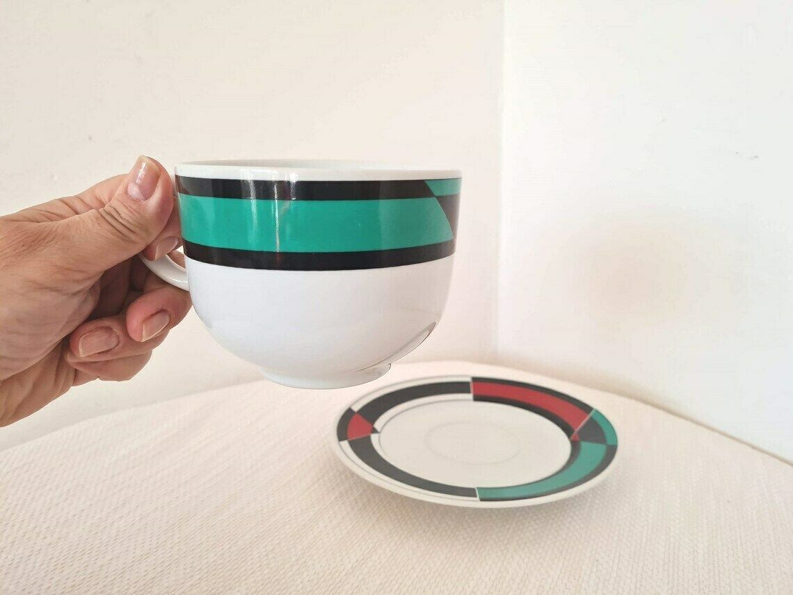 Vintage Memphis Milano Style Porcelain Set Of Big Cup And Saucer 80s photo vintage