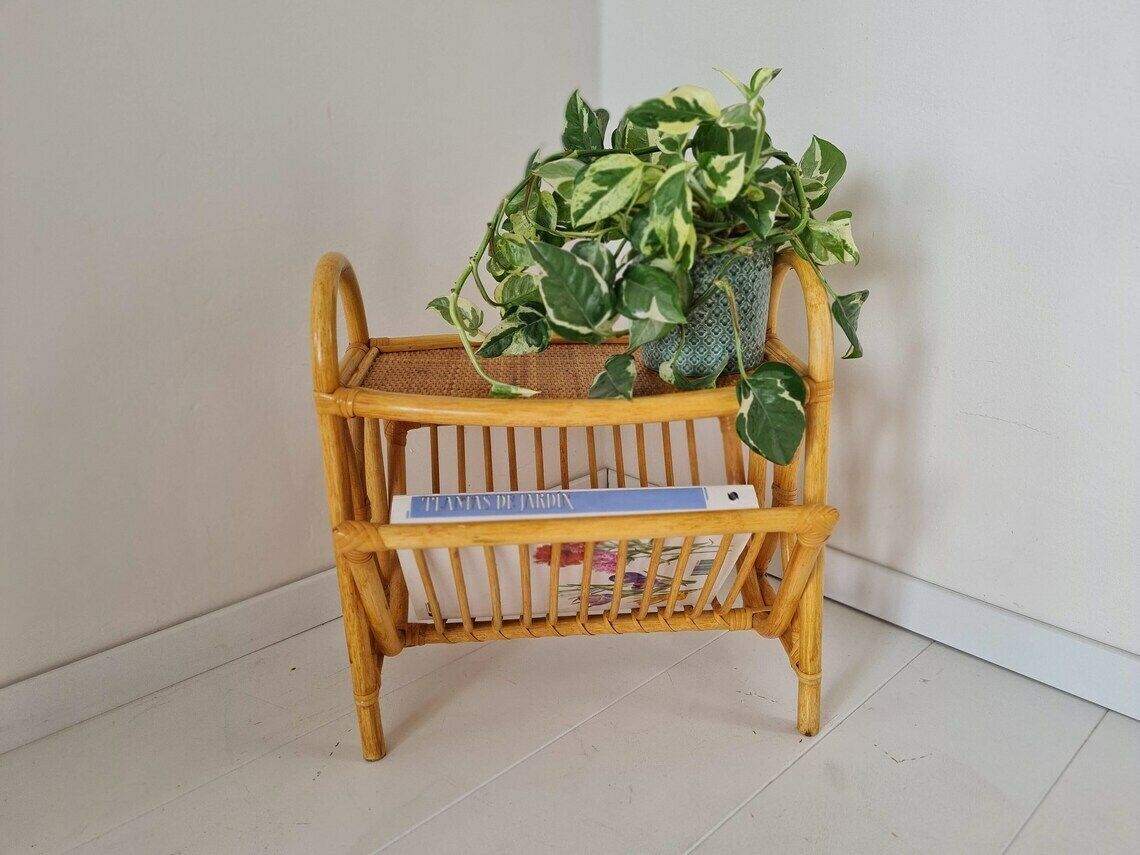 Vintage Mid Century Bamboe Rotan Tijdschriftenhouder Jaren 80
