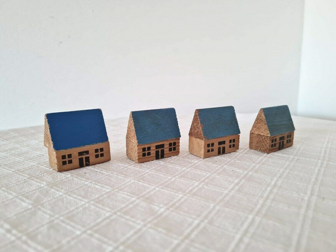 Vintage Erzgebirge Wooden Putz Houses Hand Painted Set Of 6 Pieces photo Home Decor