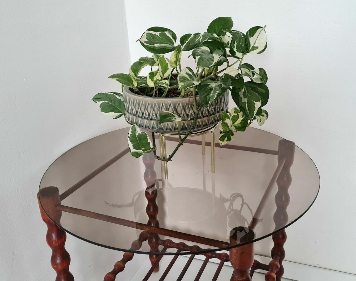 Vintage Mid Century Modern Wooden Table With Smoky Glass photo buy