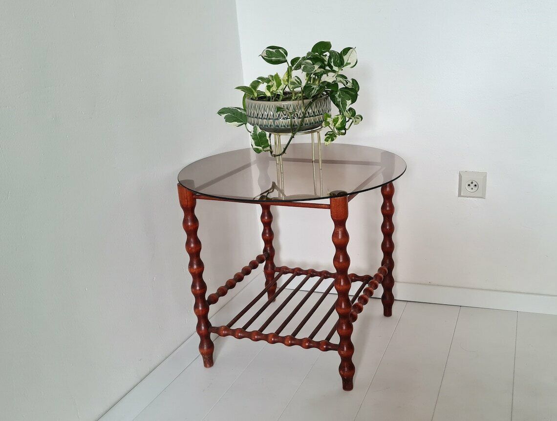 Vintage Mid Century Modern Wooden Table With Smoky Glass photo vintage