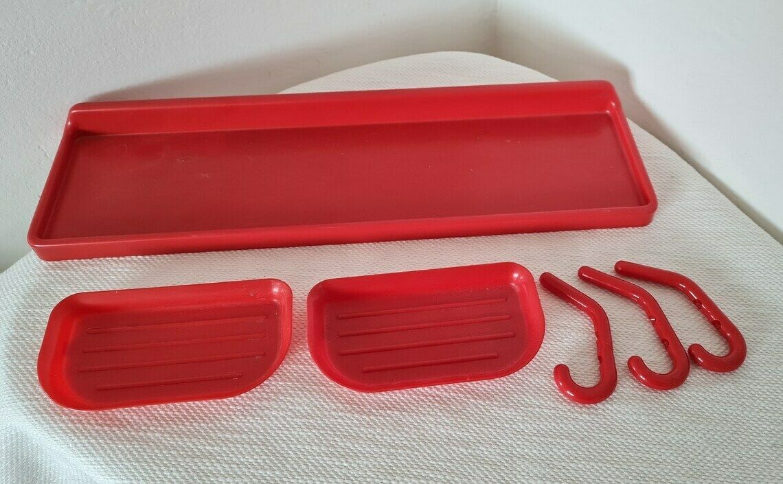 Vintage Mid Century Wall Plastic Shelf With 2 Soap Dishes And 3 Hooks 80s photo buy