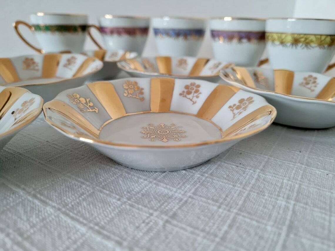 Vintage Coffee Czech Porcelain Set 6 Cups And 6 Saucers Made In Czechoslovakia 70s photo vintage