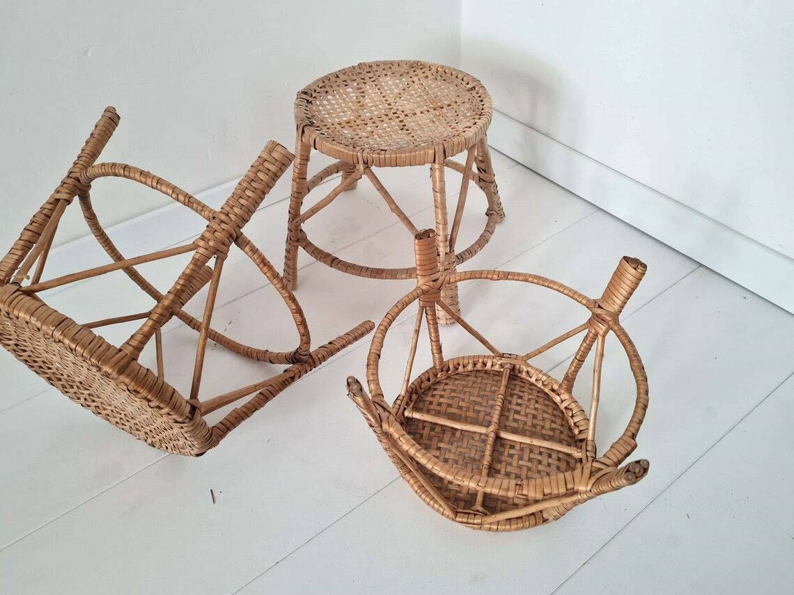 Vintage Mid Century Set Of 3 Rattan Plant Stands photo Furniture