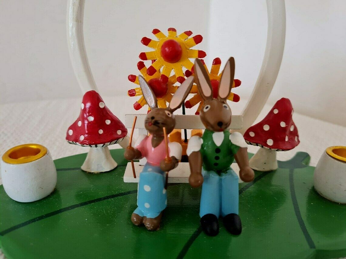 Vintage Pair Of Easter Bunnies German Wooden Candlestick Erzgebirge Folk Art Hand Painted Made In East Germany photo Home Decor