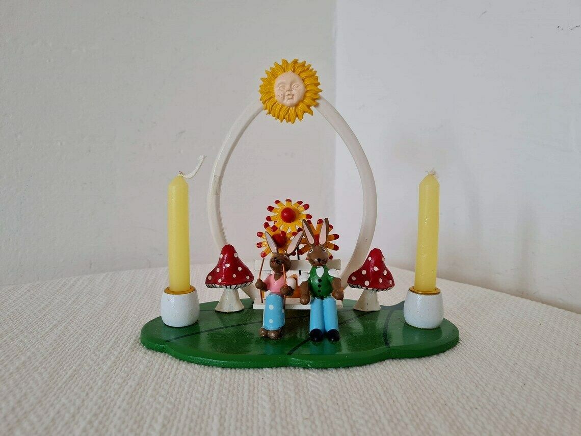 Vintage Pair Of Easter Bunnies German Wooden Candlestick Erzgebirge Folk Art Hand Painted Made In East Germany photo vintage