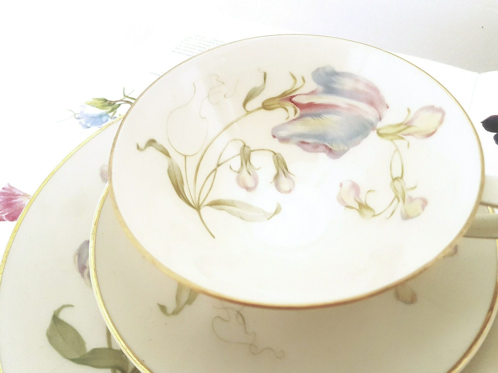 Vintage Set 3pieces Botanical Art Sweet Peas Vintage Vintage Bavarian Set Three Piece Dessert Set Vintage Bavarian China Vintage Coffee Set photo 50.0