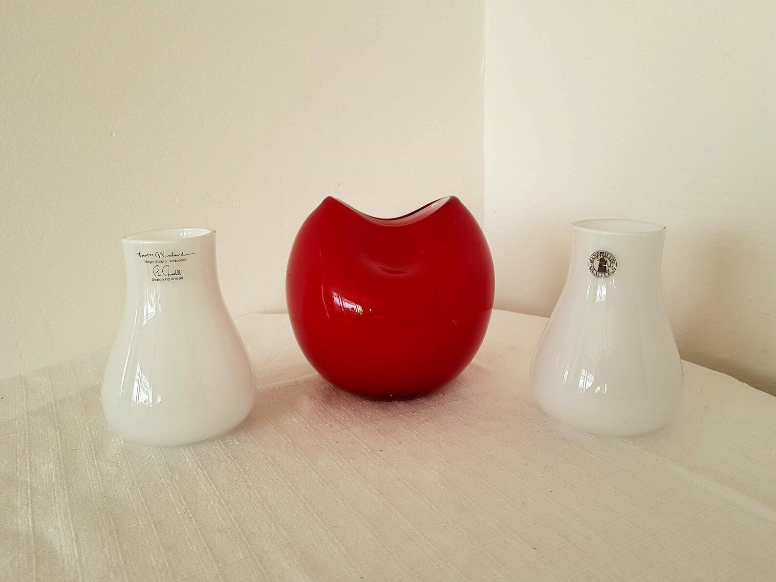 photo for sale Vintage Pair Pia Amsel Swedish Art Glass Milk Glass Vase Retro Ikea