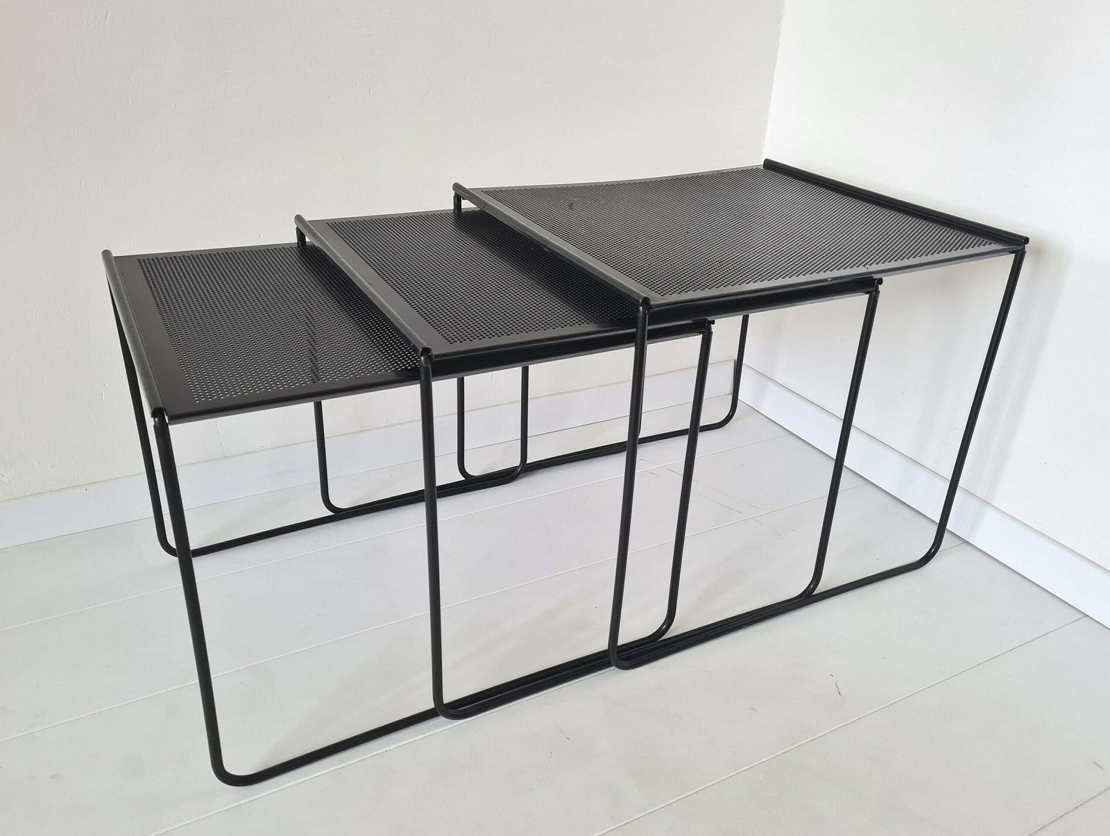 Vintage Post Modern Nesting Perforated Tables Set Of 3 photo furniture