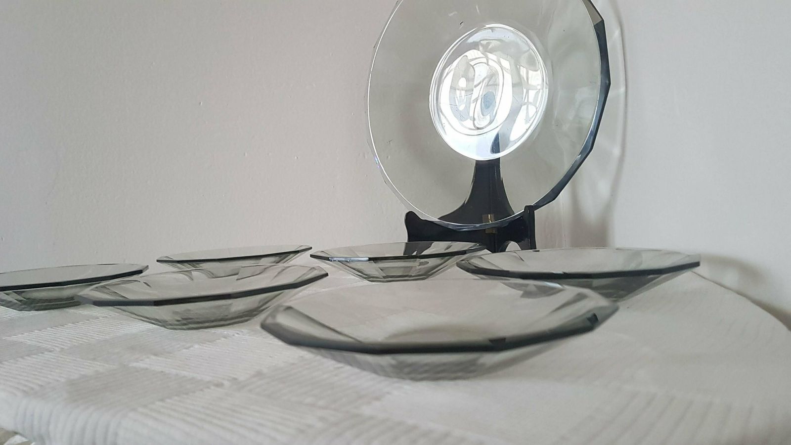 Art Deco Set Of 7 Smoke Glass Plates Czech Bohemian Glass. Antique Bowls By Karl Stölzle Heřmanova Huť 1940 photo for sale