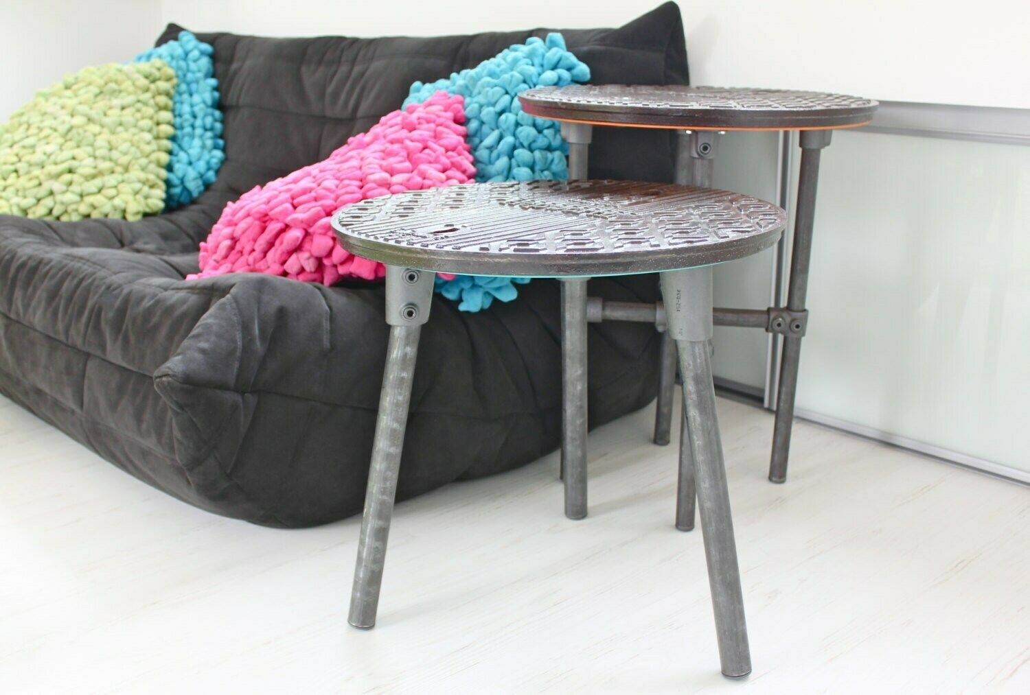 Jeremy Reclaimed Manhole Cover Side Table With 3 Splayed Dark Steel Legs And Bright Viridian Underside photo for sale