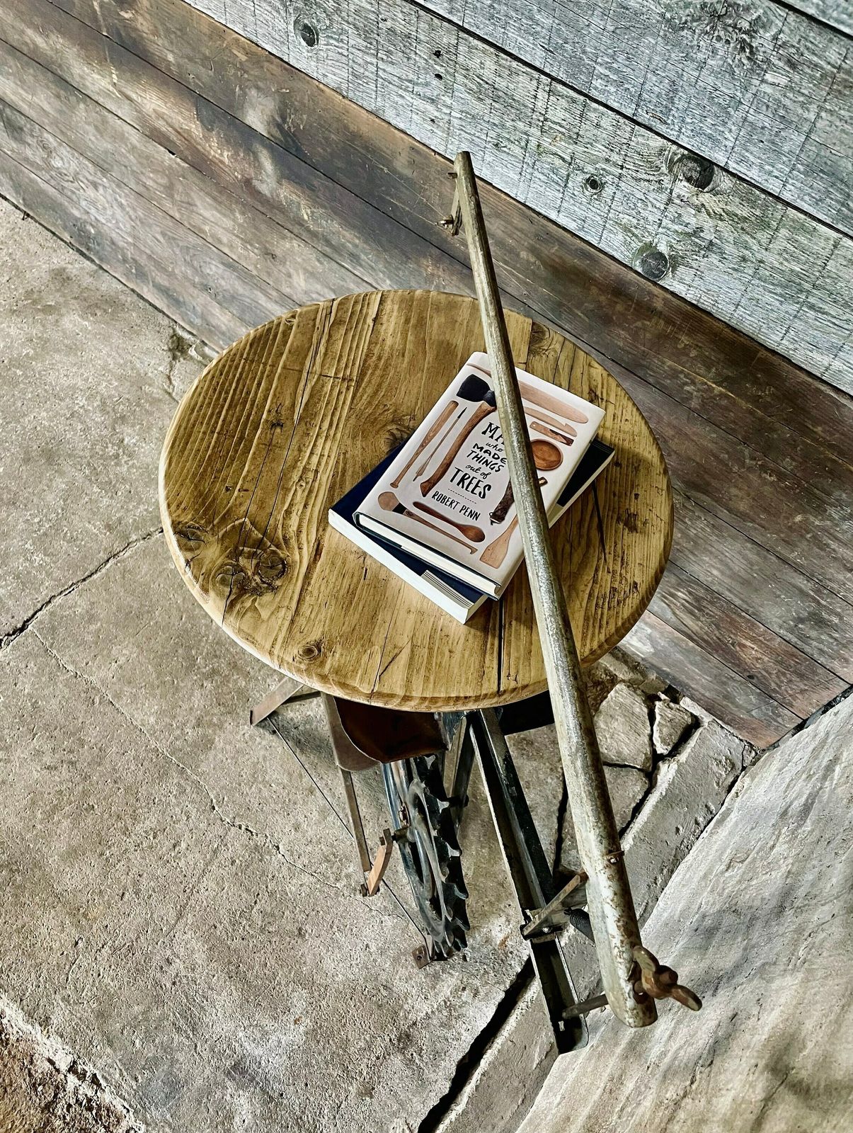 Freya Antique And Repurposed Band Saw Side Table With Reclaimed Scaffolding Board Top photo Furniture