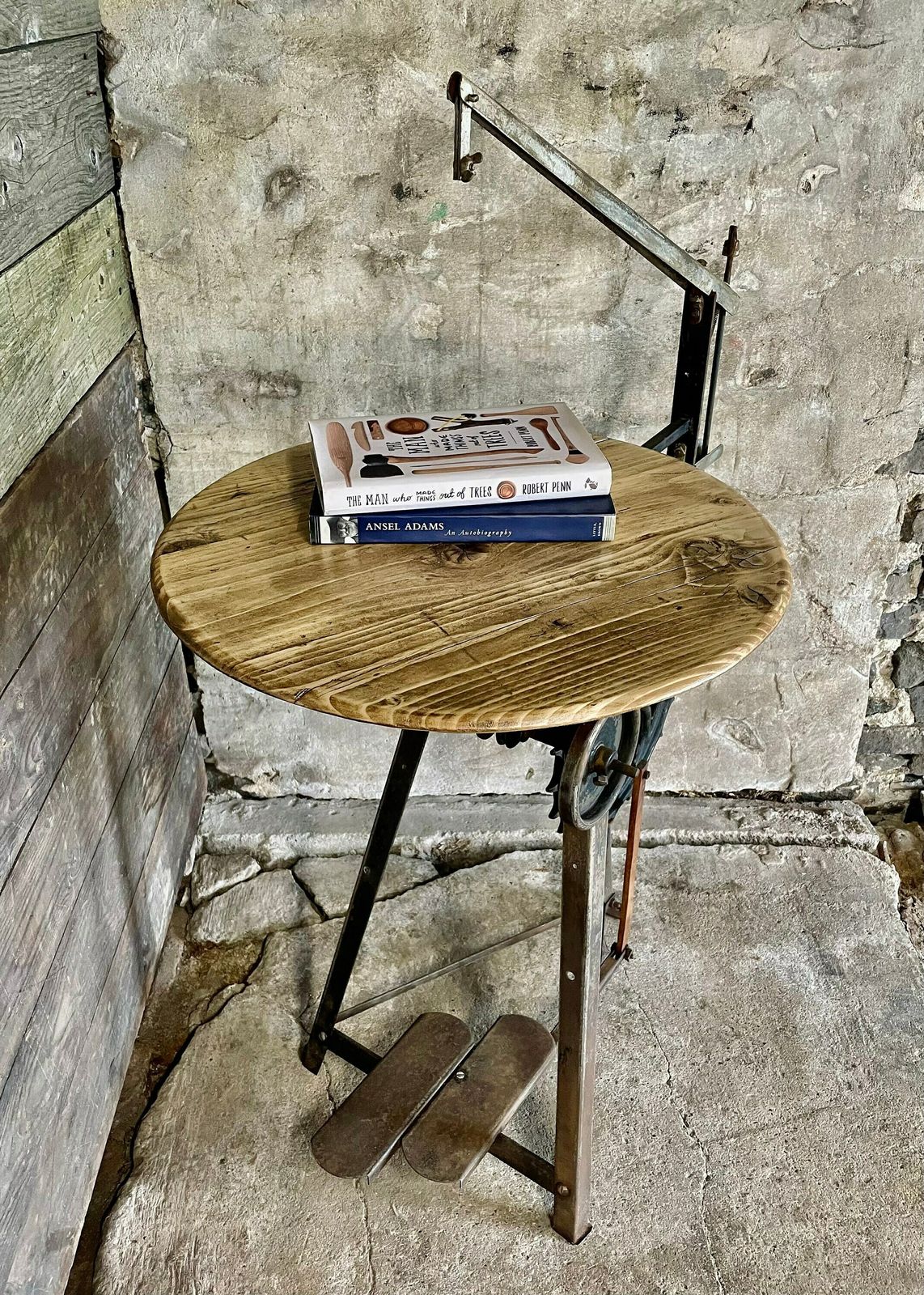Freya Antique And Repurposed Band Saw Side Table With Reclaimed Scaffolding Board Top photo vinterior