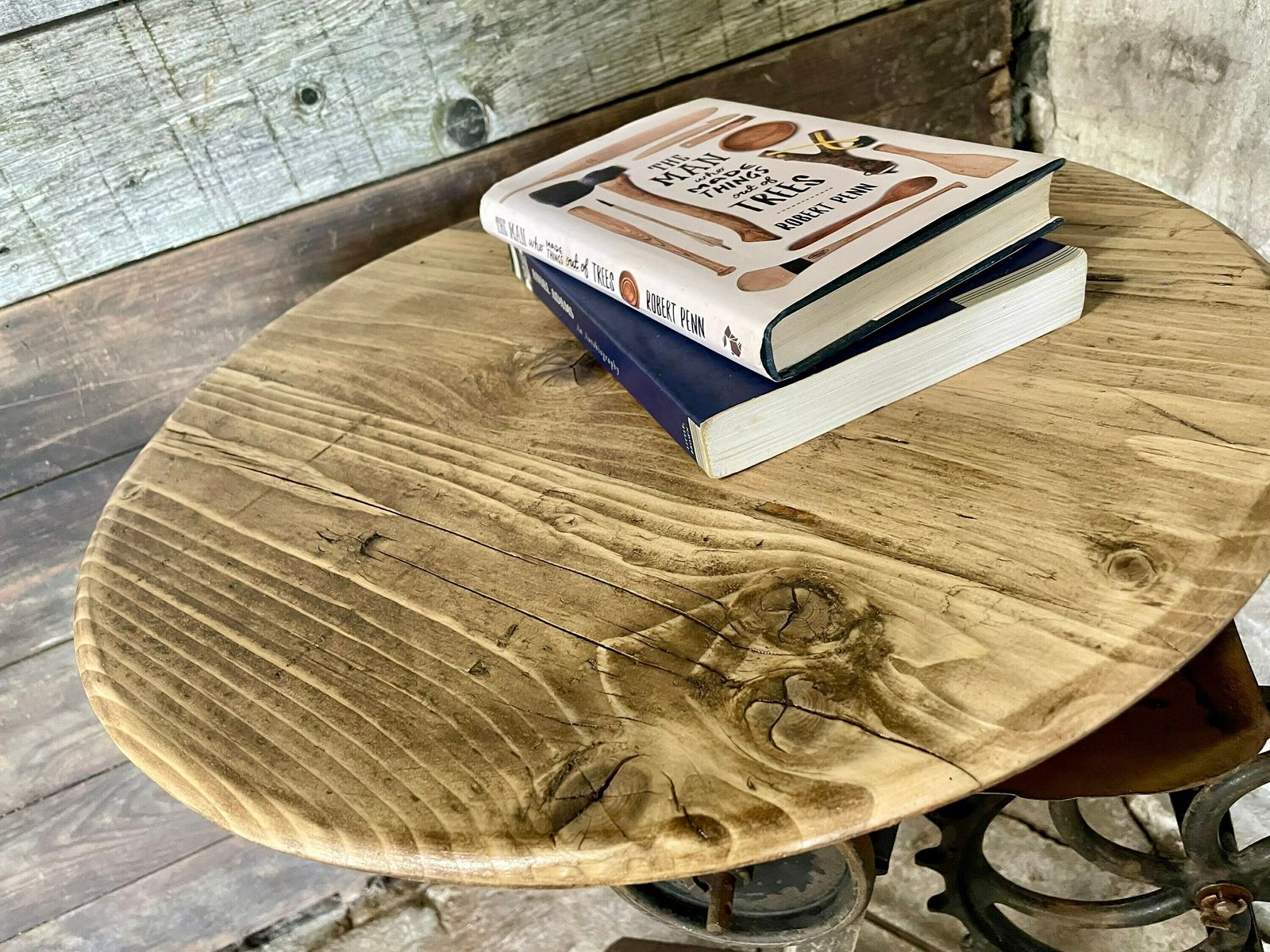 Freya Antique And Repurposed Band Saw Side Table With Reclaimed Scaffolding Board Top photo vintage