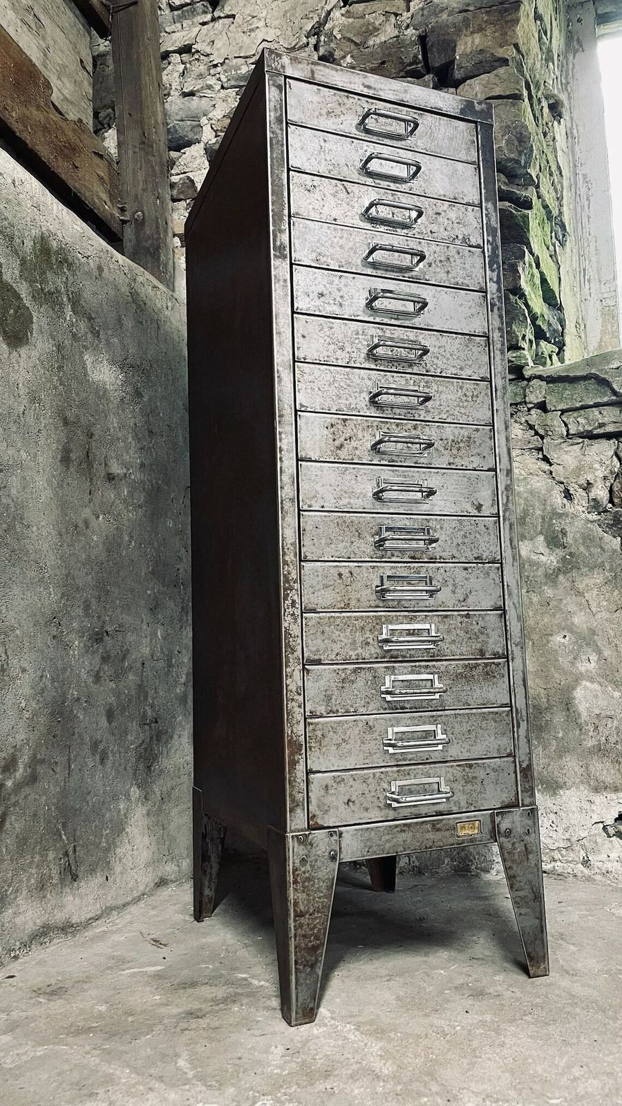 Tall And Narrow Reclaimed Vintage Urban Industrial 1950s Stripped Steel 15 Drawer Filing Cabinet With Chrome Handles photo furniture