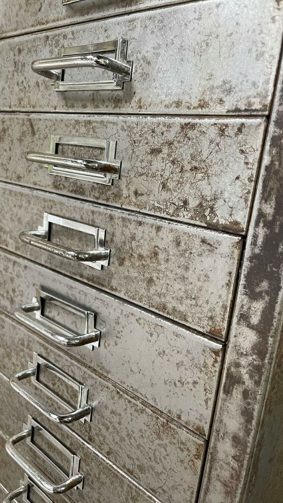 Tall And Narrow Reclaimed Vintage Urban Industrial 1950s Stripped Steel 15 Drawer Filing Cabinet With Chrome Handles photo Furniture