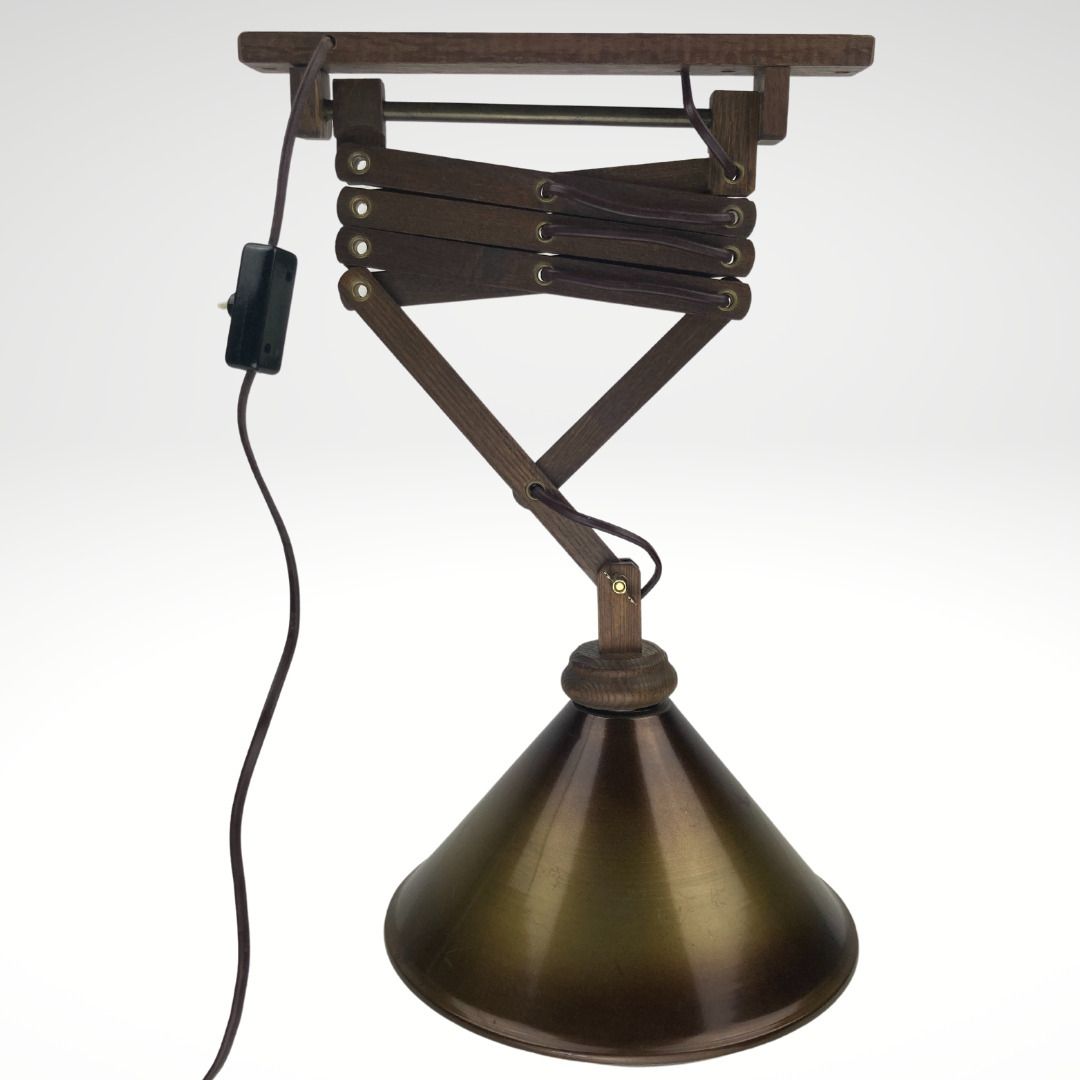 photo for sale Midcentury Wood And Brass Scissor Wall Lamp, Dutch 1960s