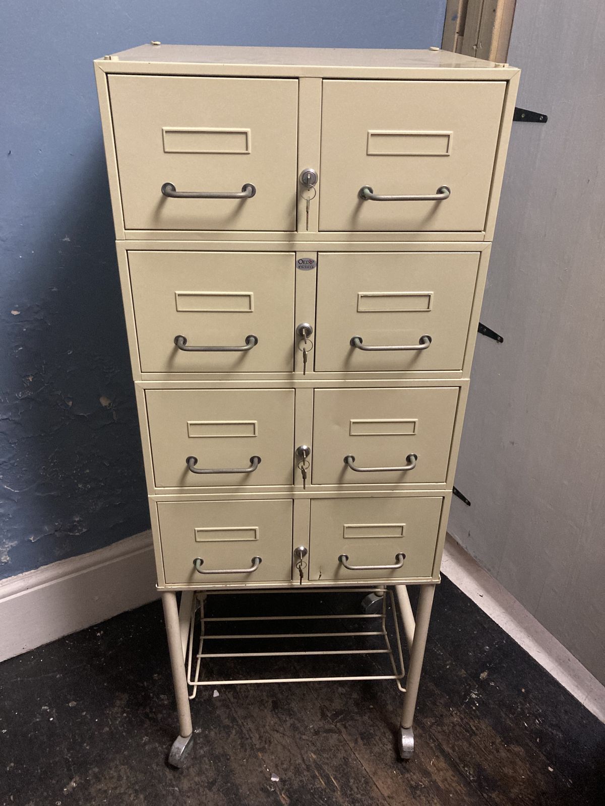 Large French Steel Medical Cabinet On Wheels , Lockable