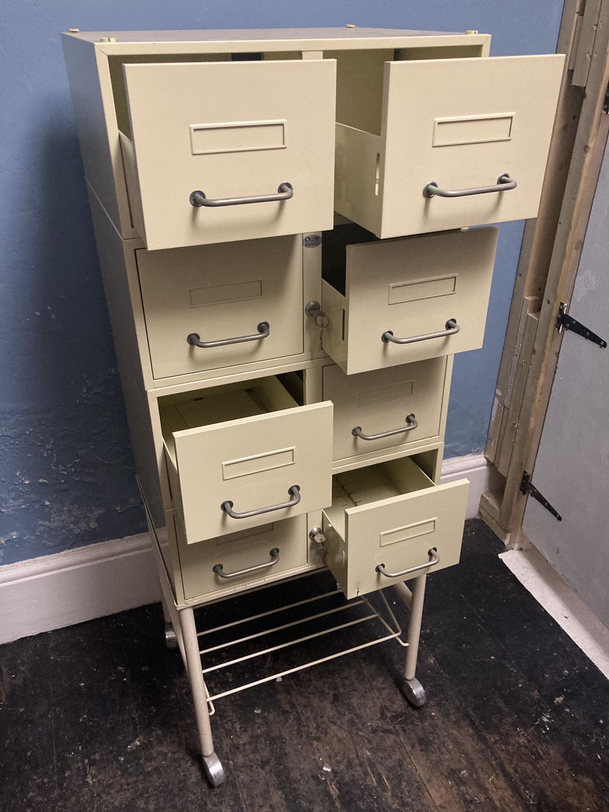 Large French Steel Medical Cabinet On Wheels , Lockable photo Furniture