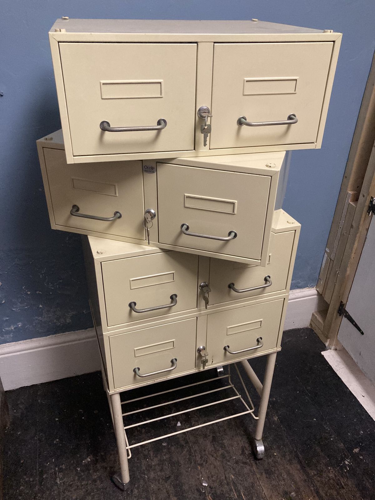 Large French Steel Medical Cabinet On Wheels , Lockable photo vintage