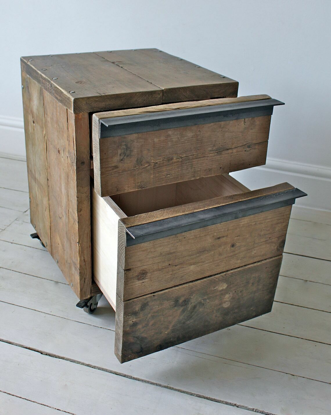 Katy Reclaimed Scaffolding Board Drawer Unit On Castors With Dark Steel Angular Handles   Filing/Bedside/ Cabine