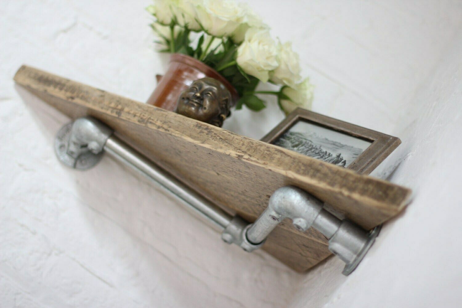 Vikki Pair Of Reclaimed Wood Corner Shelves With Galvanised Steel Pipe Wall Brackets   Bespoke Industrial Furniture photo furniture