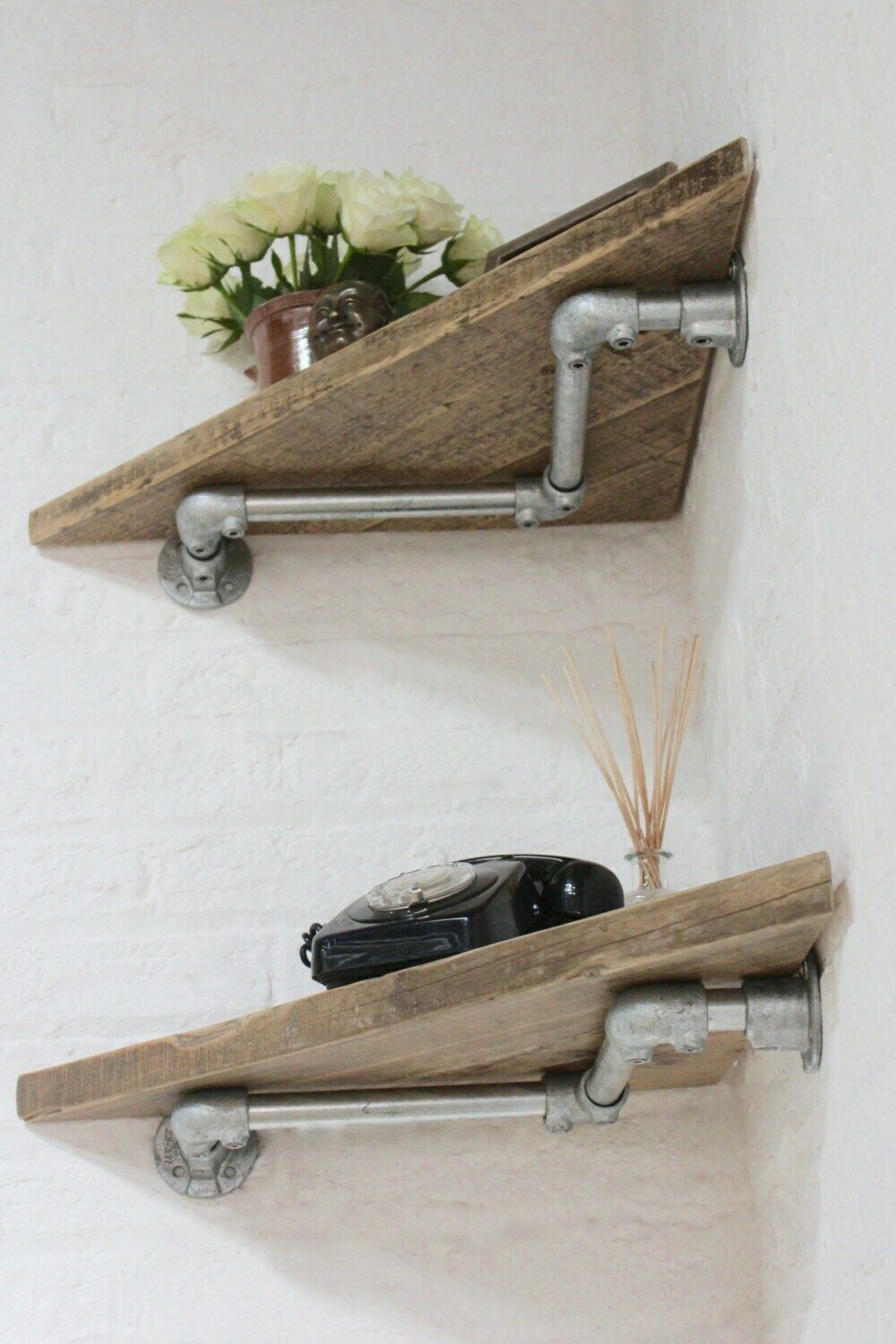 Vikki Pair Of Reclaimed Wood Corner Shelves With Galvanised Steel Pipe Wall Brackets   Bespoke Industrial Furniture photo 390.0