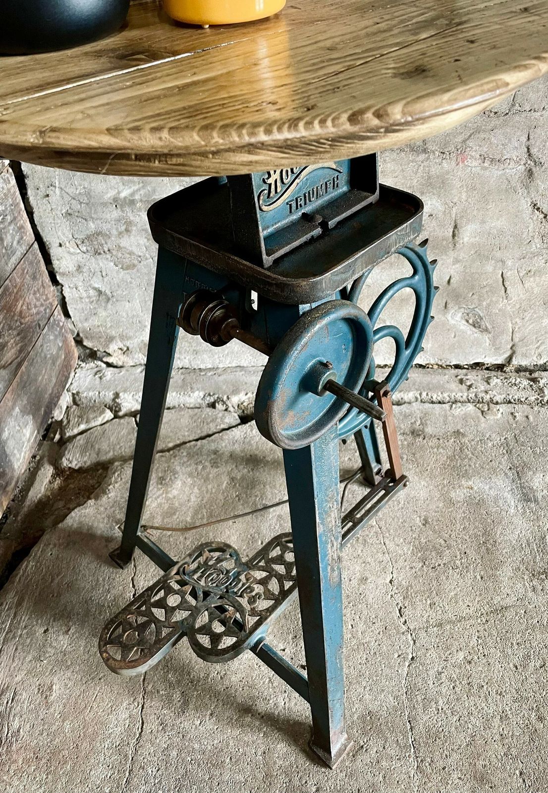 photo for sale Ellis Antique And Repurposed Band Saw Side Table With Reclaimed Scaffolding Board Top