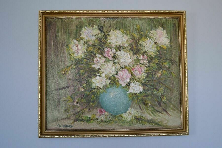 Vintage Flower Painting Oil On Board