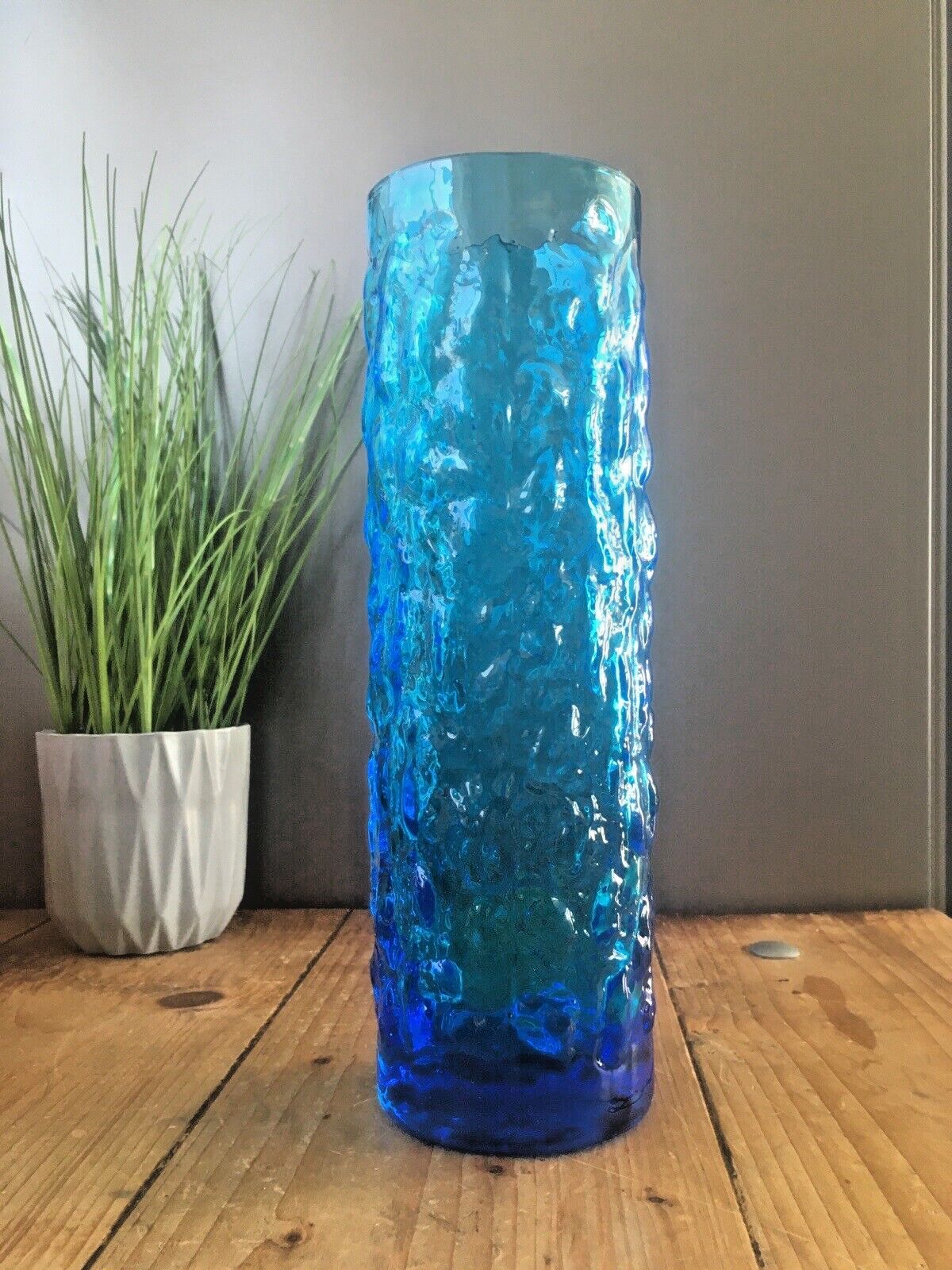 Large Mid Century 12" Swedish Lindshammar Glass Blue Bark Vase Jc Jones & Co photo Home Decor