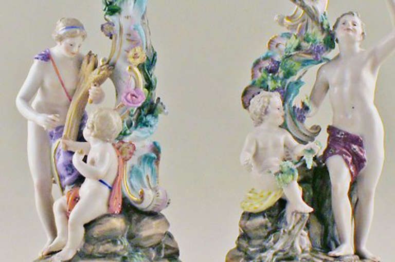 photo for sale Meissen Rare Pair Of Antique Candlesticks In High Quality