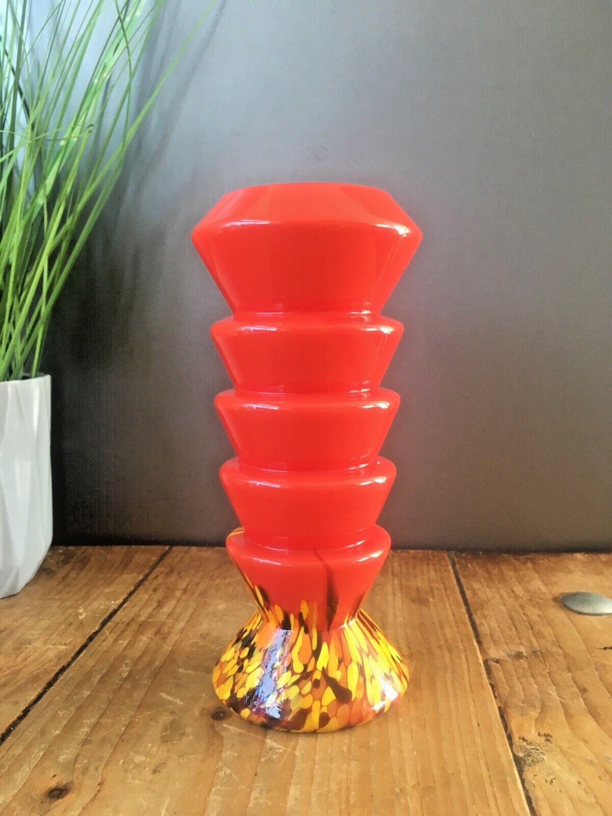 Art Deco Red Tango Kralik Ernst Steinwald Stepped Layered Spatter Glass Vase photo vintage