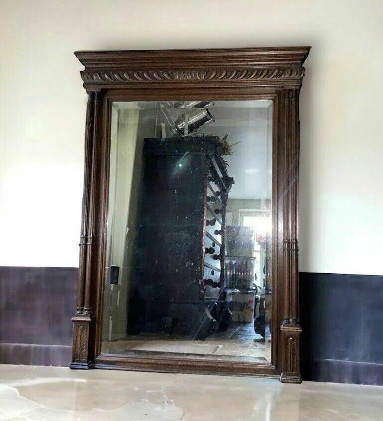 Large Antique French Oak Henri Style 3/4 Length Hall Wall Mirror