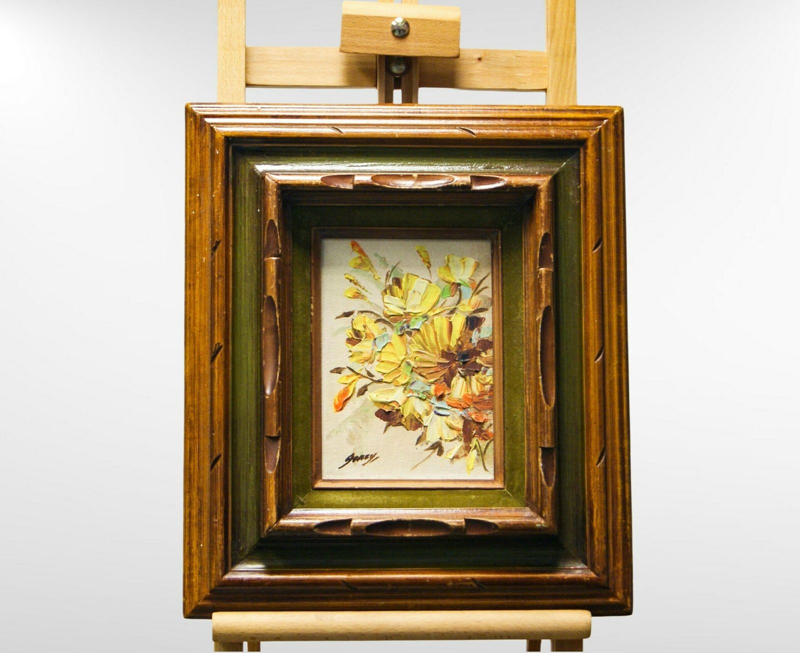 Small Oil On Canvas Flower Bouquet, Mid Century Oil On Canvas Pallet Knife Floral Painting Signed 'Garey' photo 265.0