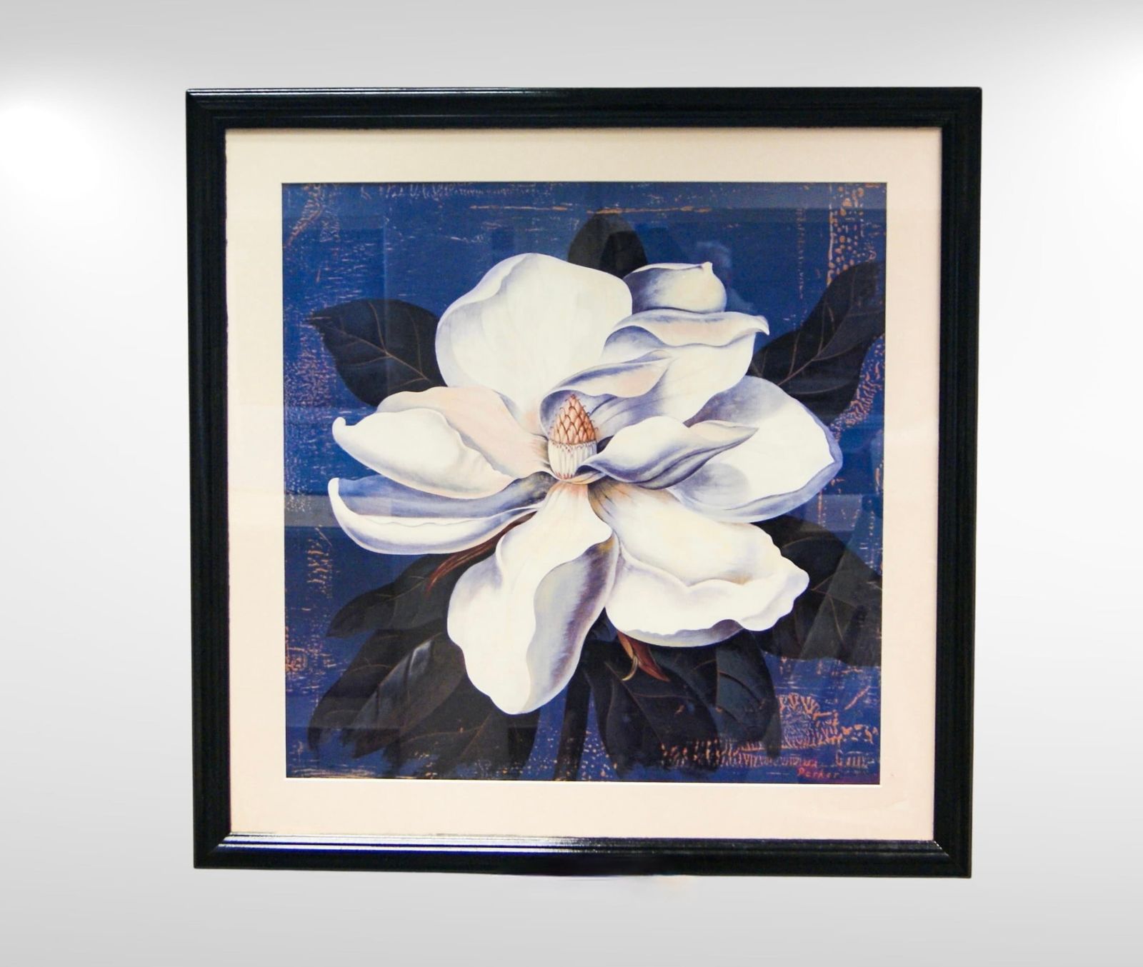 Set Of 2 Framed Art Prints Curtis Parker Glowing Magnolia & Glowing White Rose 78cm Sq Circa 1970s photo Art