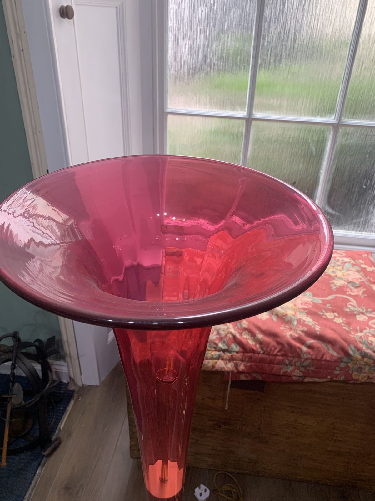 A Pair Of Mid Century Cranberry Glass Trumpet Floor Standing Lights photo for sale